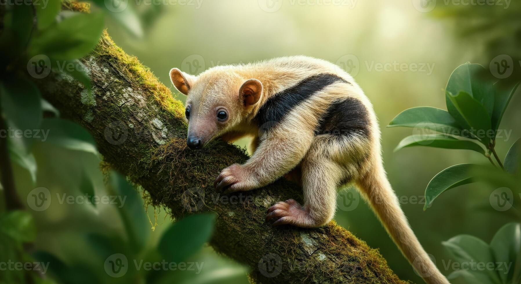 Baby anteater exploring tropical forest on mossy tree branch photo