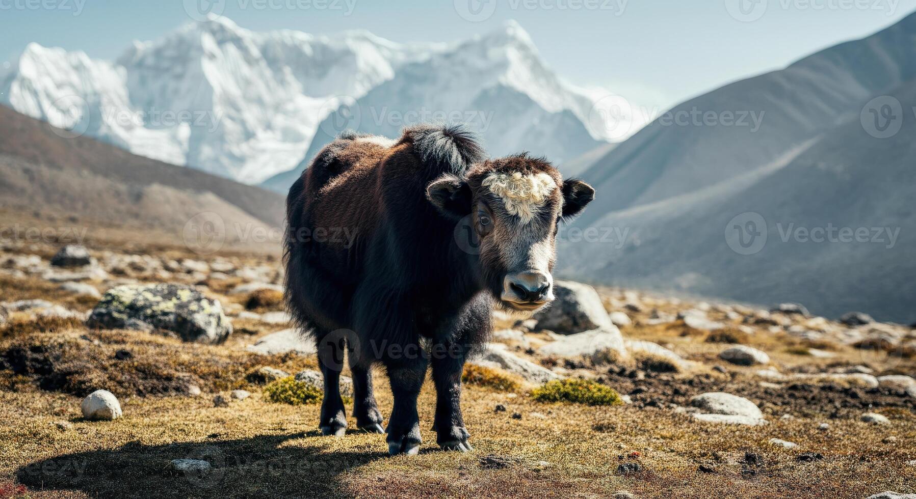 Majestic yak in himalayan landscape with snow-capped mountains photo