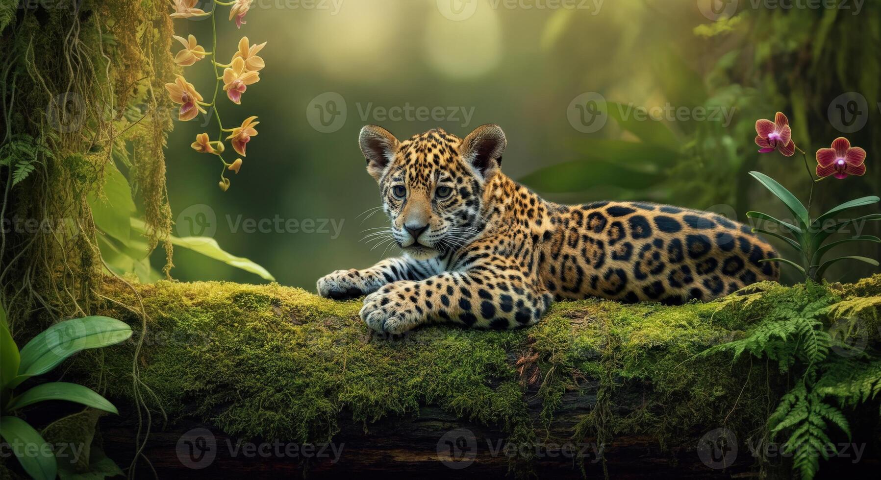 Young jaguar resting on mossy log in lush rainforest with orchids photo