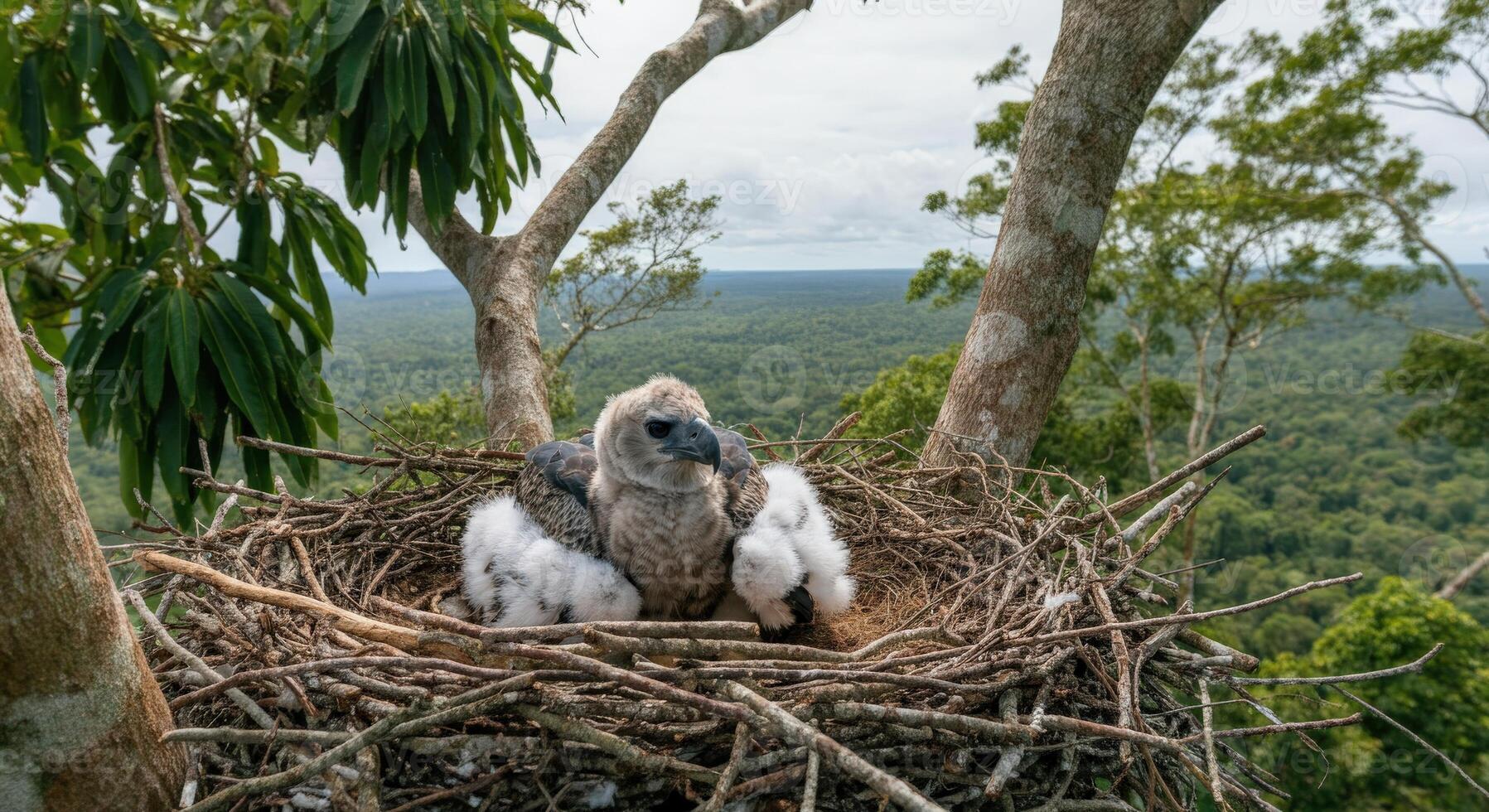 Harpy eagle chicks resting in nest amidst tropical rainforest canopy photo