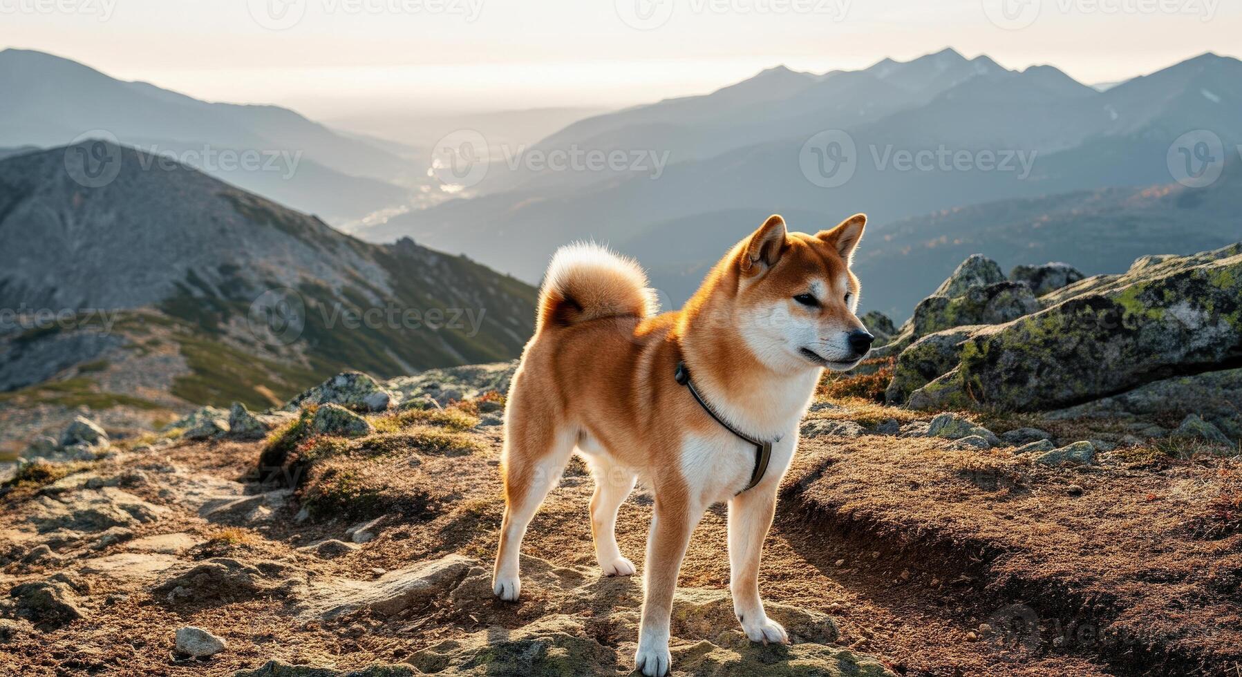 Majestic shiba inu standing on mountain ridge during sunrise photo
