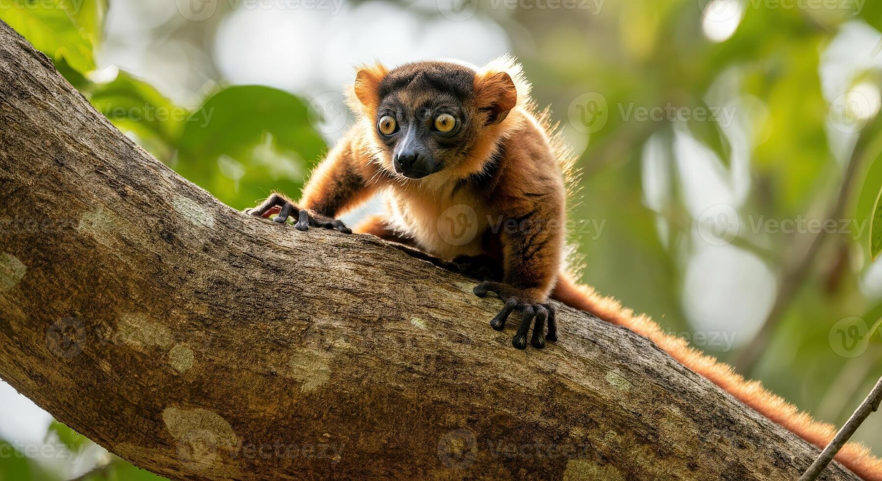 Red ruffed lemur perched on tree branch in lush madagascar forest photo
