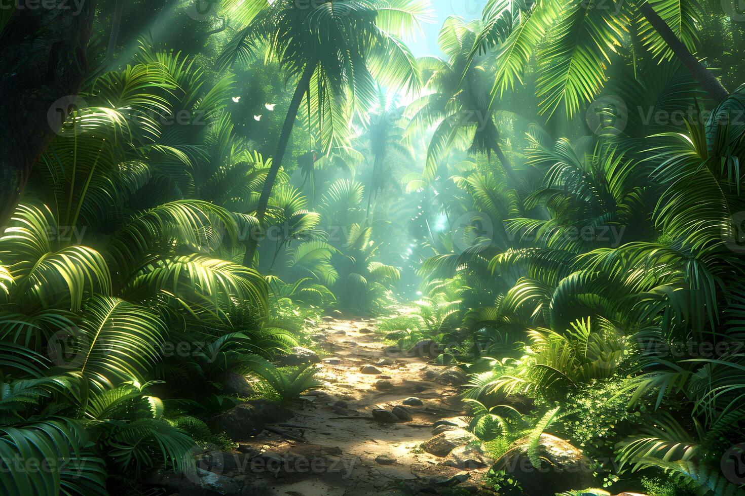 Serenity in a Sunlit Tropical Jungle Path - Nature's Tranquil Beauty photo