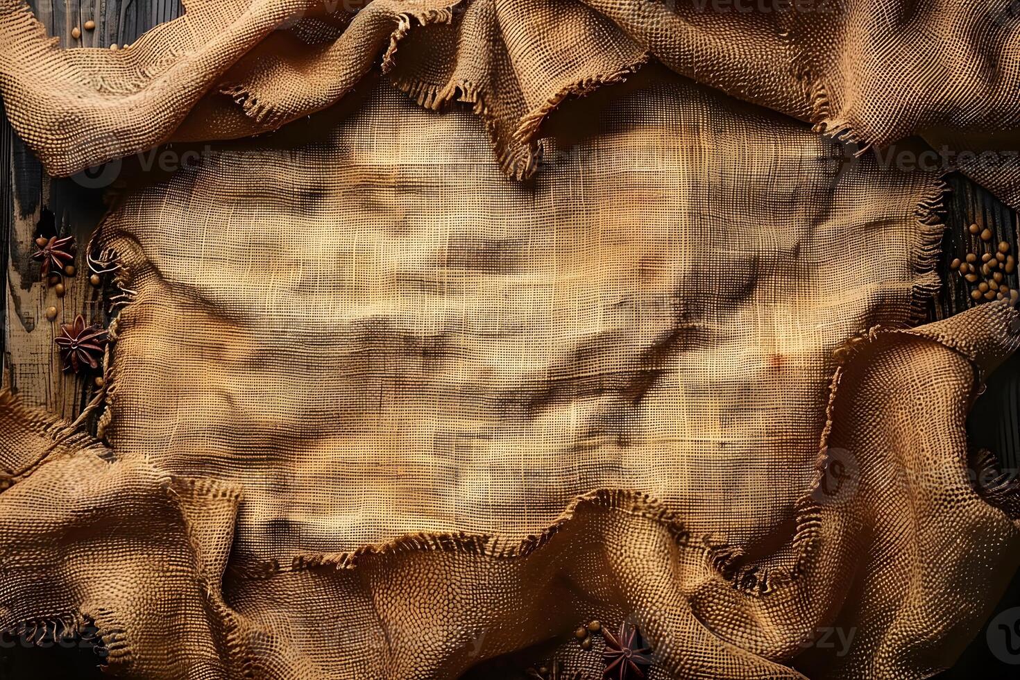 Rustic Burlap Texture Background with Star Anise and Peppercorns for Culinary Design photo
