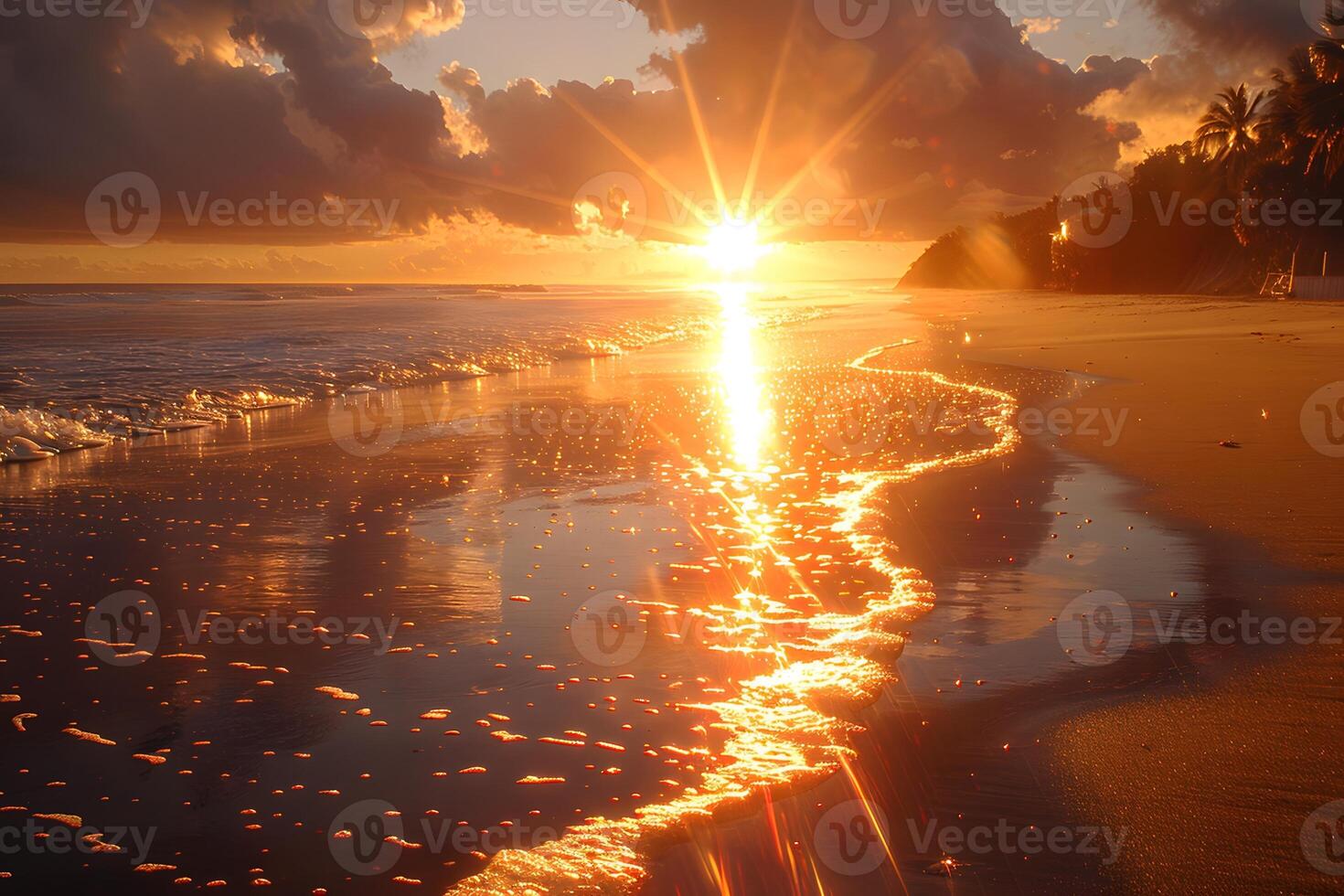 Serene Sunset Over Tropical Beach with Golden Reflections photo