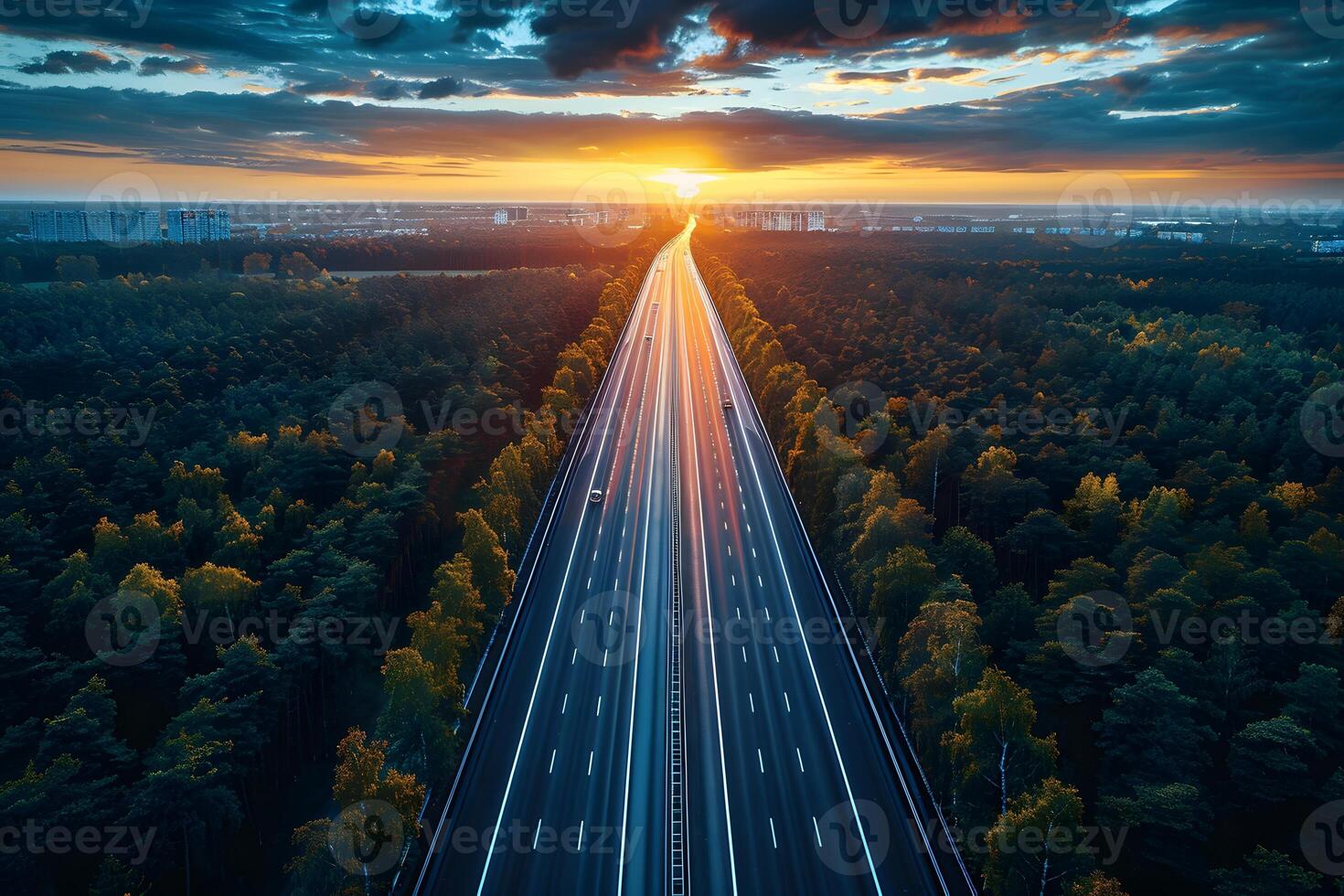 Majestic Highway at Sunset Surrounded by Lush Forest, Concept of Journey and Freedom photo