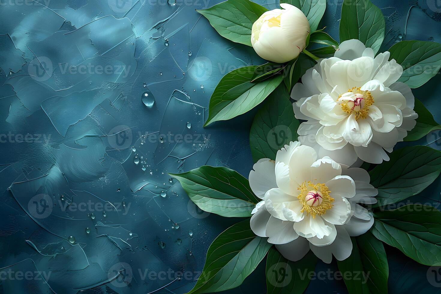 Elegant White Peonies on Textured Blue Background for Floral Decor and Design photo