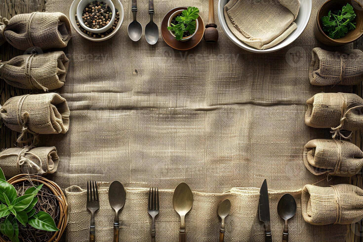 Rustic Dining Table Setting with Burlap and Vintage Cutlery for Farmhouse Decor photo