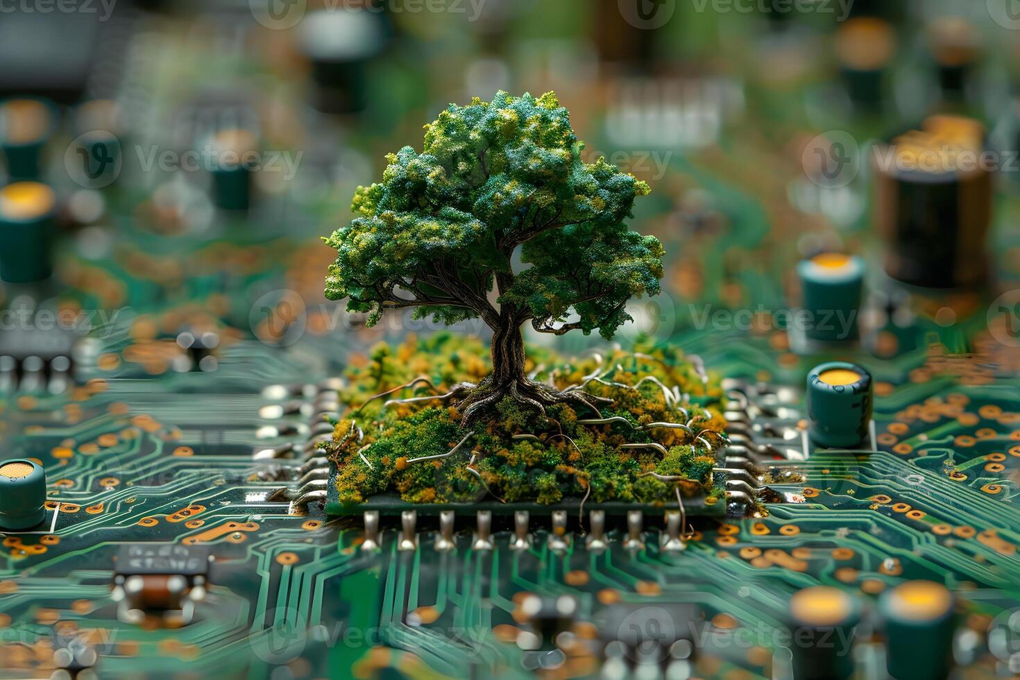 Nature Meets Technology Tree Growing on Circuit Board - Conceptual Fusion of Ecology and Innovation photo