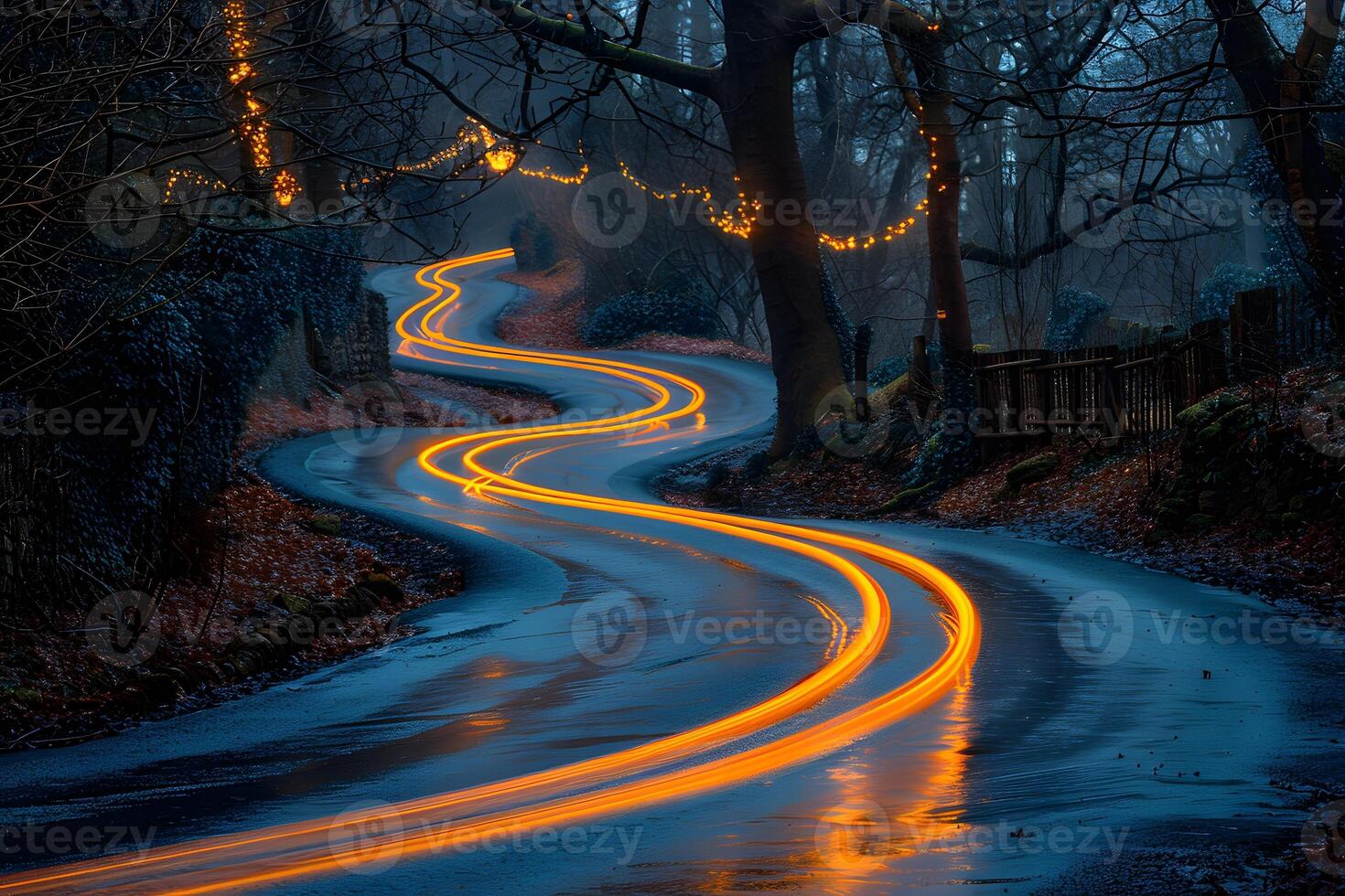 Enchanted Winter Forest Road with Glowing Light Trails at Twilight photo