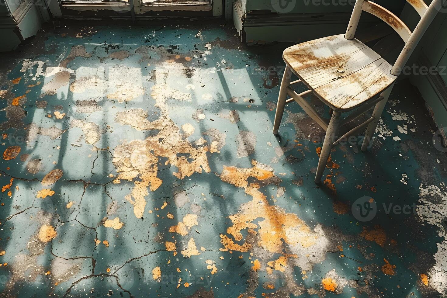 Rustic Charm of a Sunlit Antique Chair and Distressed Floor in an Abandoned Room photo