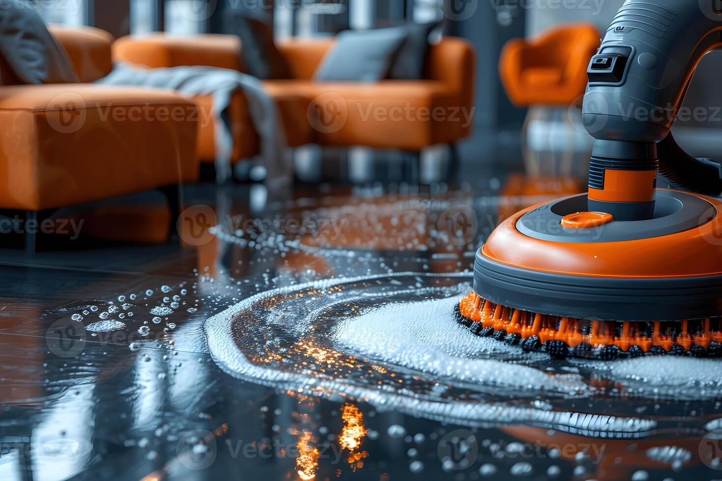 Automated Floor Scrubber in Modern Living Room Setting for Efficient Cleaning photo