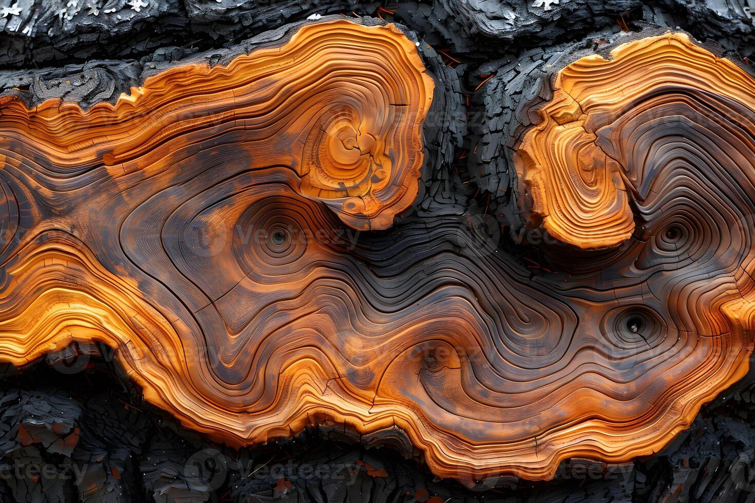 Abstract Nature Pattern of Burnt Wood with Swirling Patterns and Vibrant Color Contrast photo