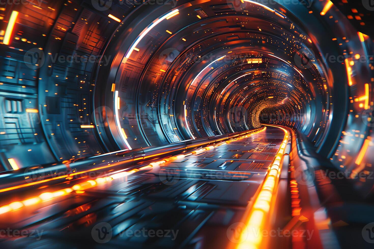 Futuristic Cyber Tunnel with Neon Lights for Sci-Fi Design and Digital Concepts photo