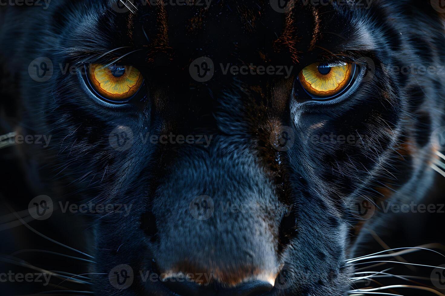 Intense Gaze of a Black Panther in Close-Up Wildlife Photography photo