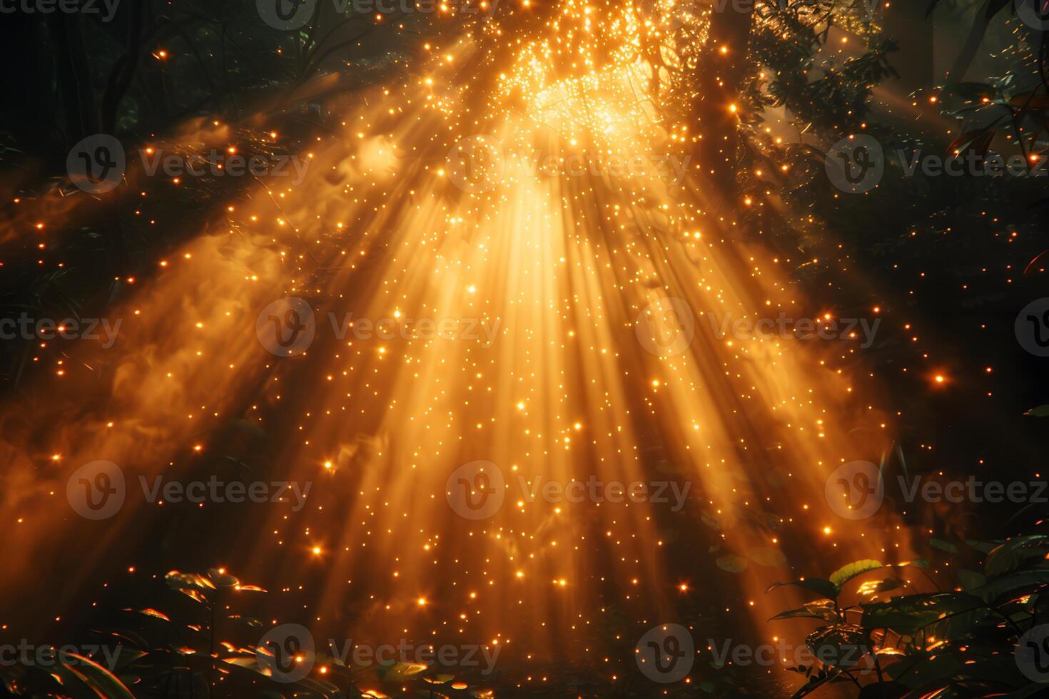 Enchanted Forest Magical Sun Rays and Golden Sparkles Illuminating Lush Foliage photo
