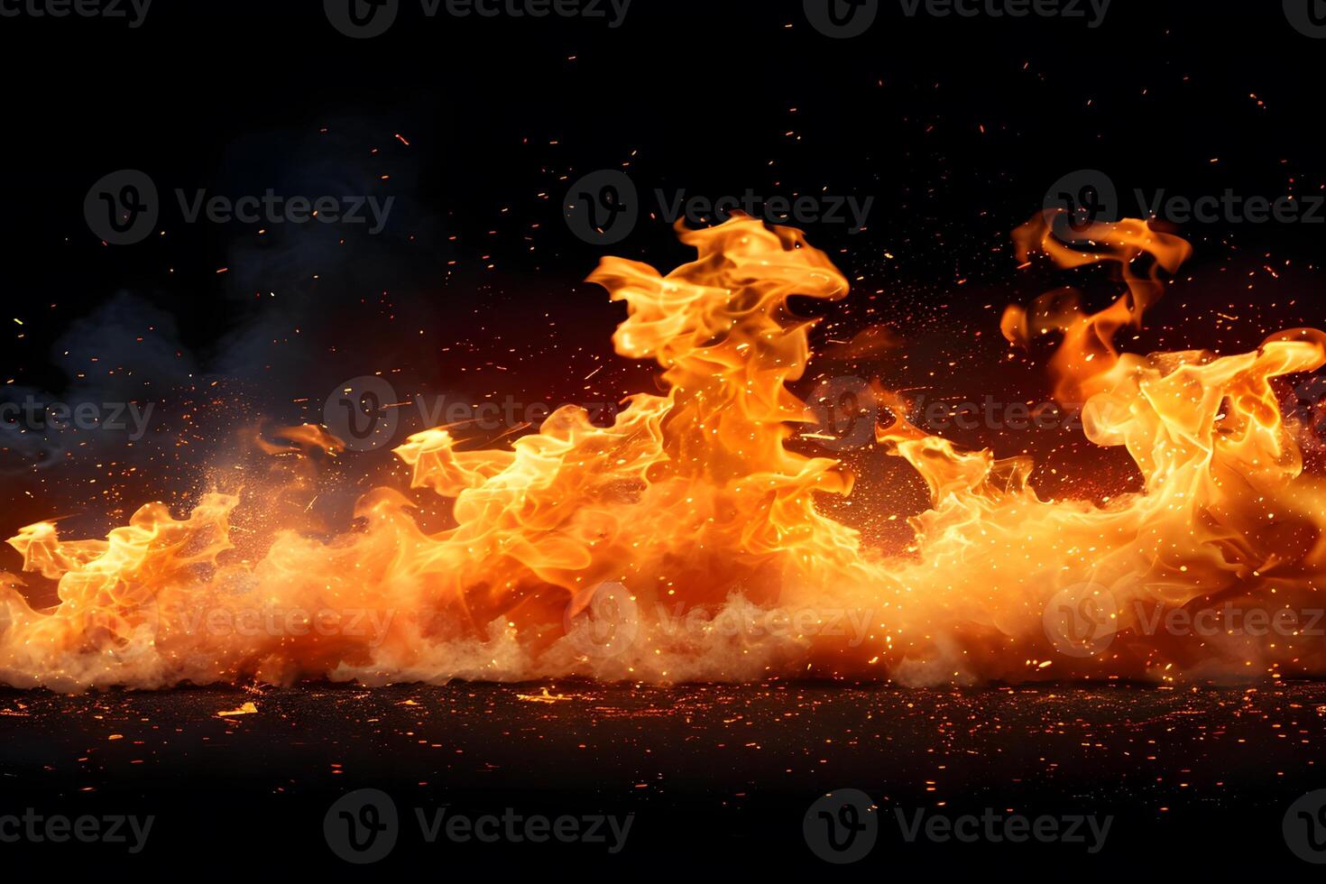Intense Fire Flames with Flying Sparks and Smoke on a Dark Background photo