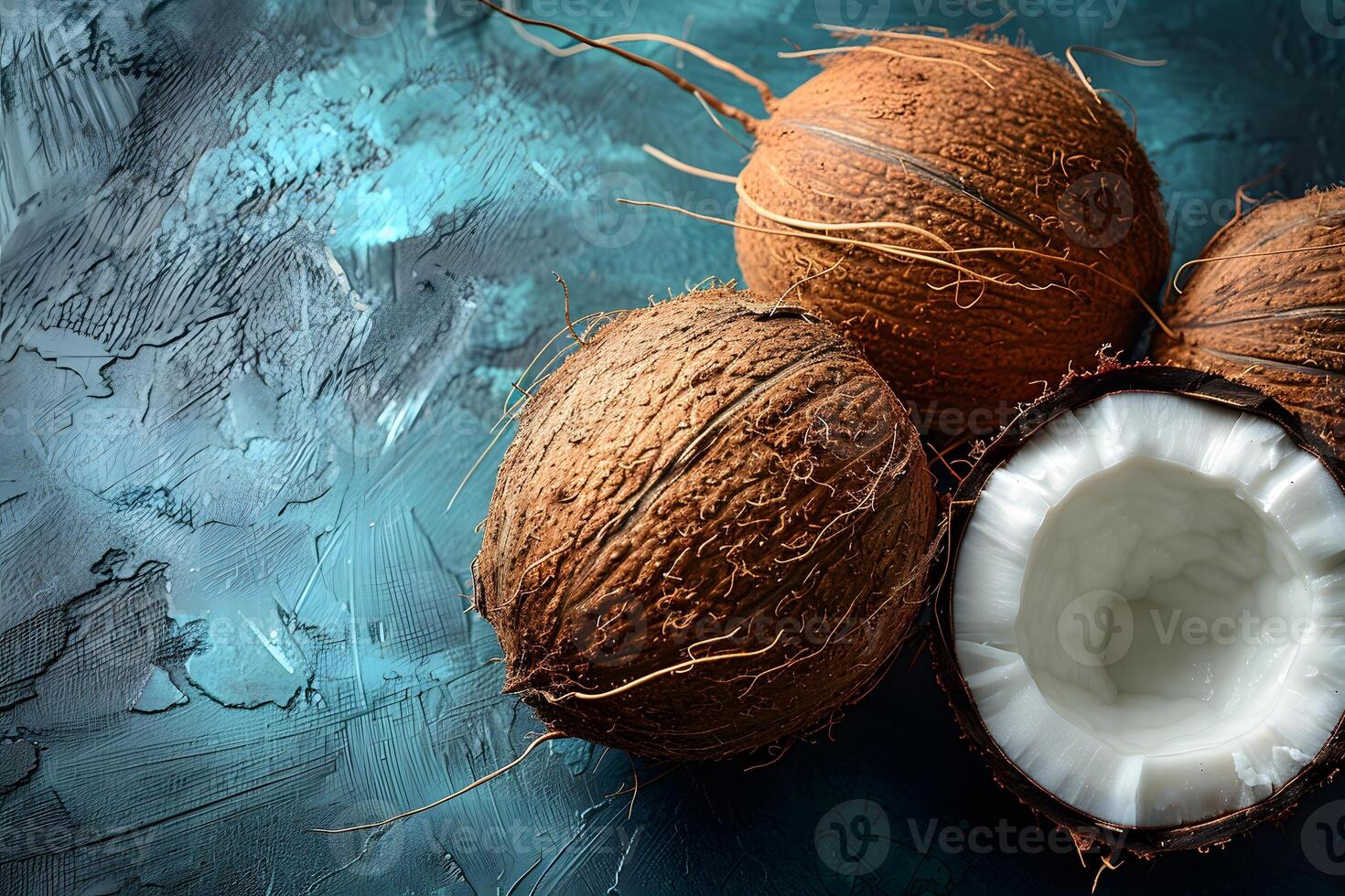 Tropical Coconuts on Textured Blue Background for Culinary and Design Projects photo