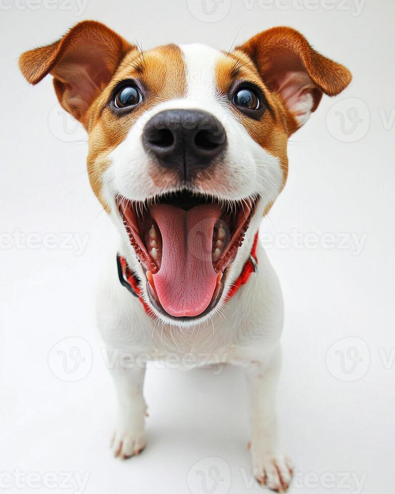A cheerful puppy captures joy with a wide-open mouth and sparkling eyes, radiating cuteness in a studio environment photo