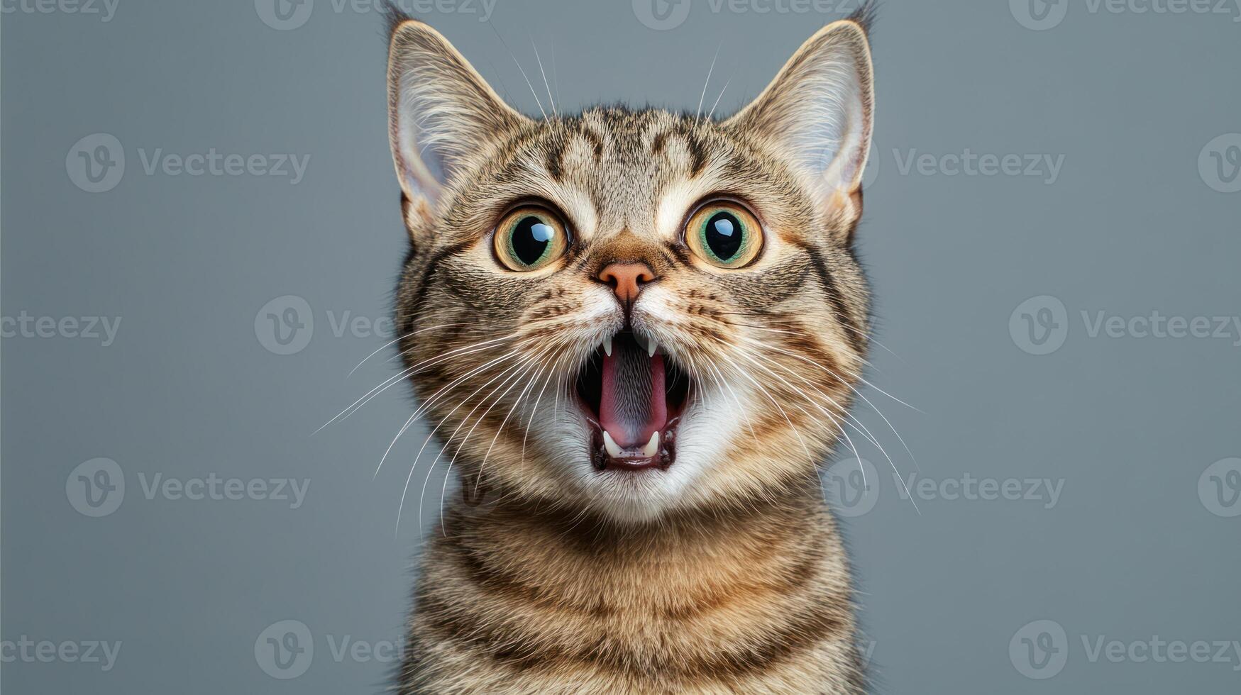 A tabby cat looks surprised with wide eyes and an open mouth, showcasing its playful and curious nature photo