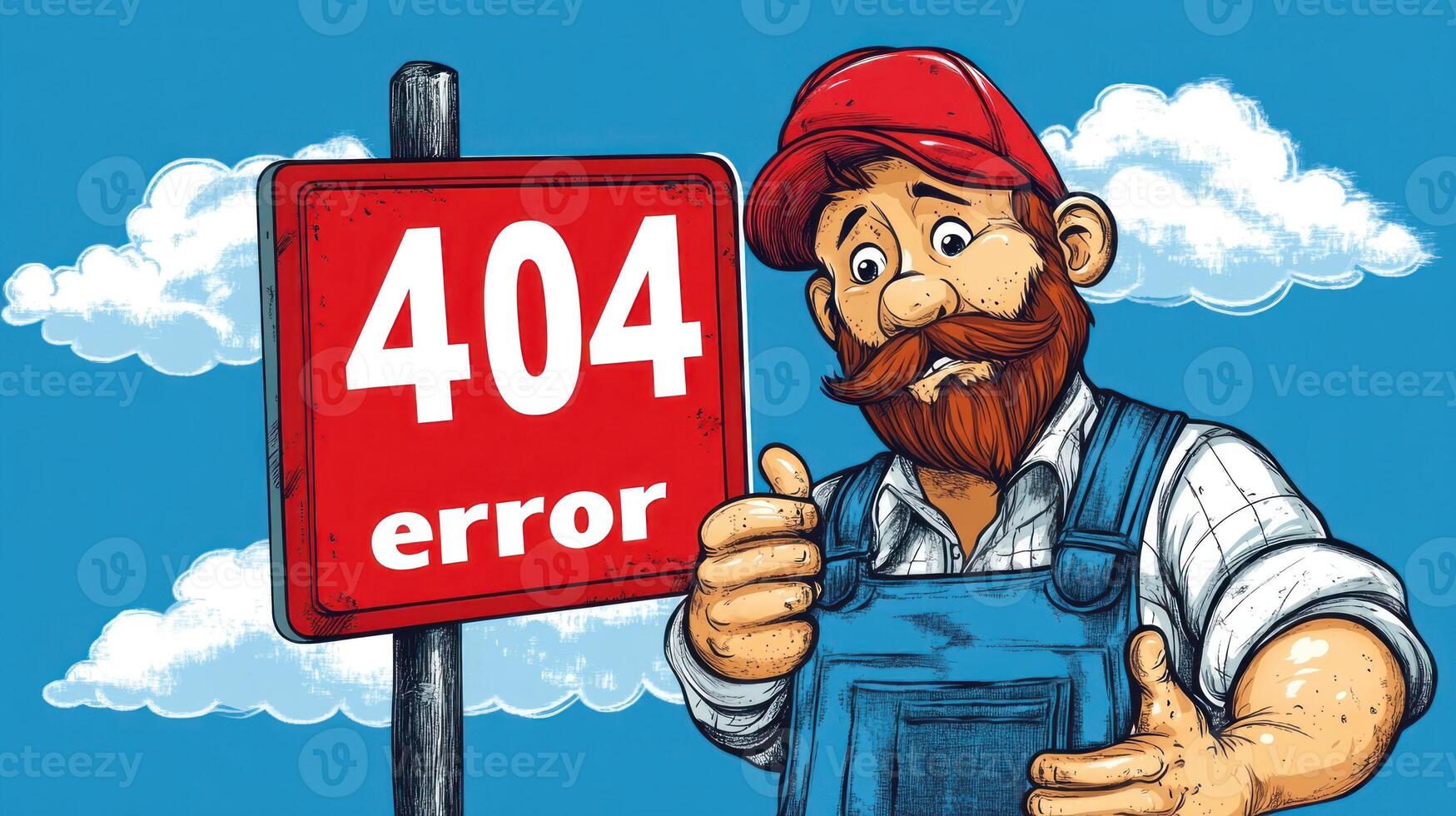 A whimsical character points at a 404 error sign with clouds in the background, evoking a lighthearted tech theme photo