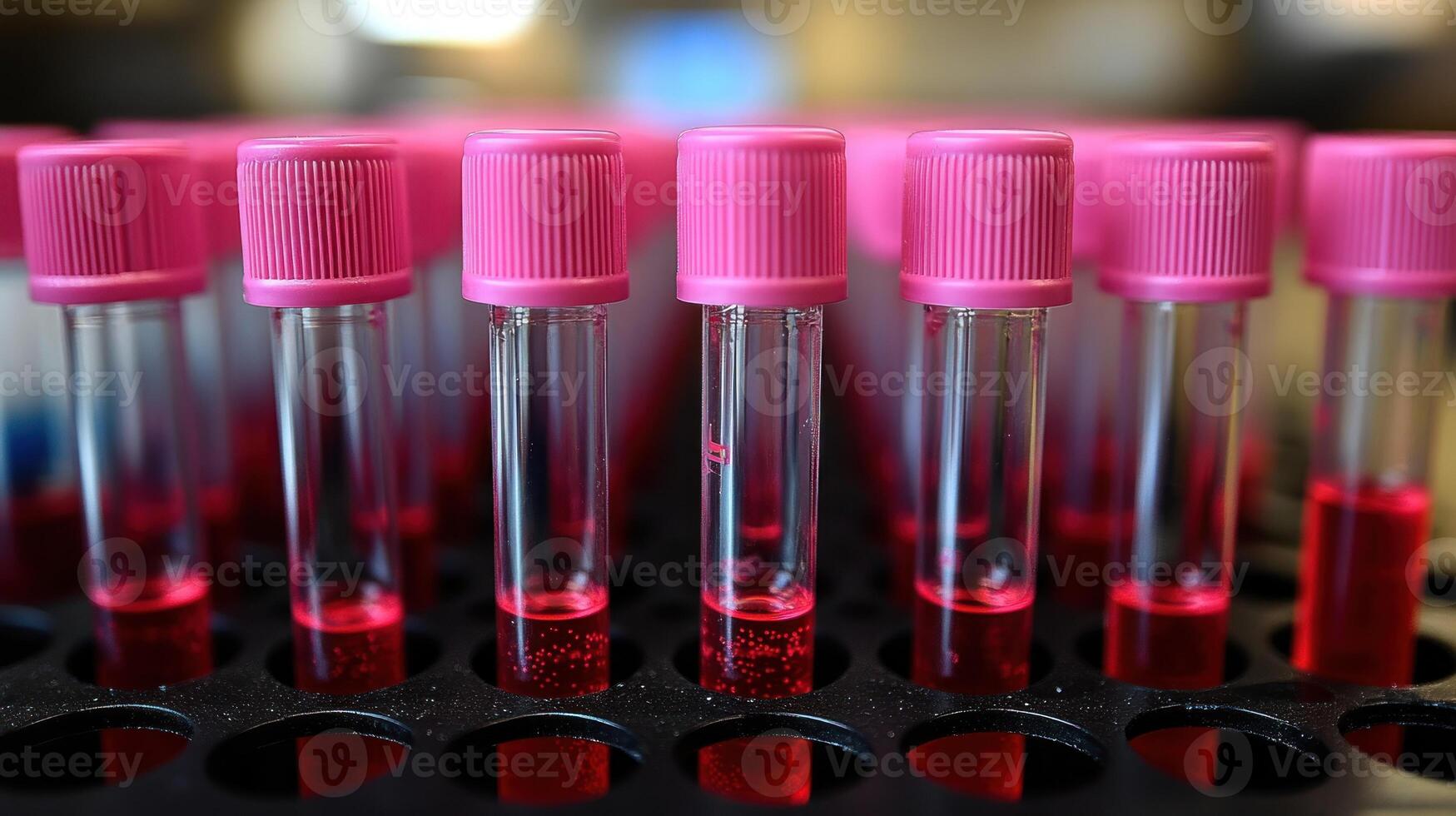 Laboratory vials filled with red liquid are neatly organized in a rack for testing and analysis procedures photo