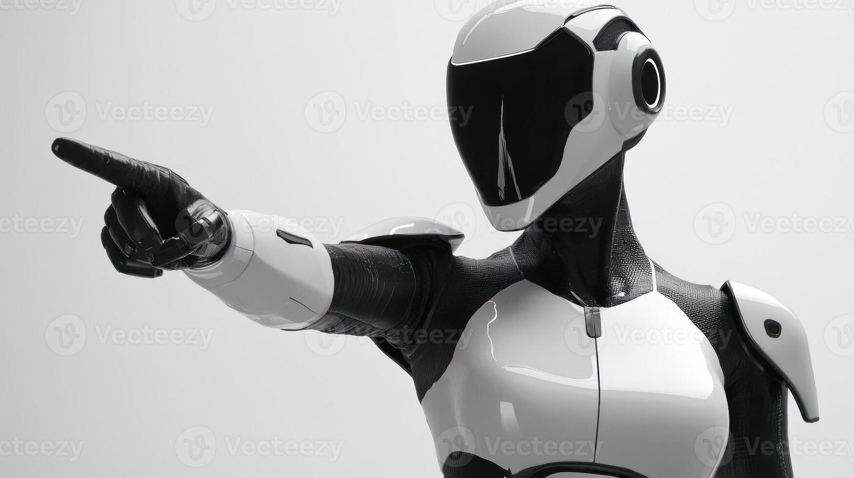 A sleek humanoid robot points at the viewer, showcasing advanced technology in the studio photo