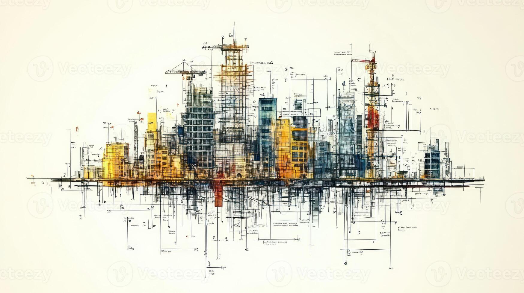 A detailed illustration showcasing a futuristic city skyline in construction, featuring cranes and scaffolding photo