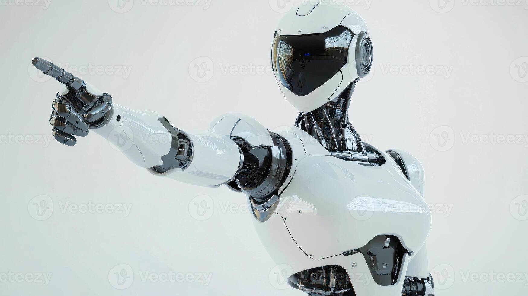 The humanoid robot demonstrates advanced design and technology by confidently pointing in an exhibit hall photo