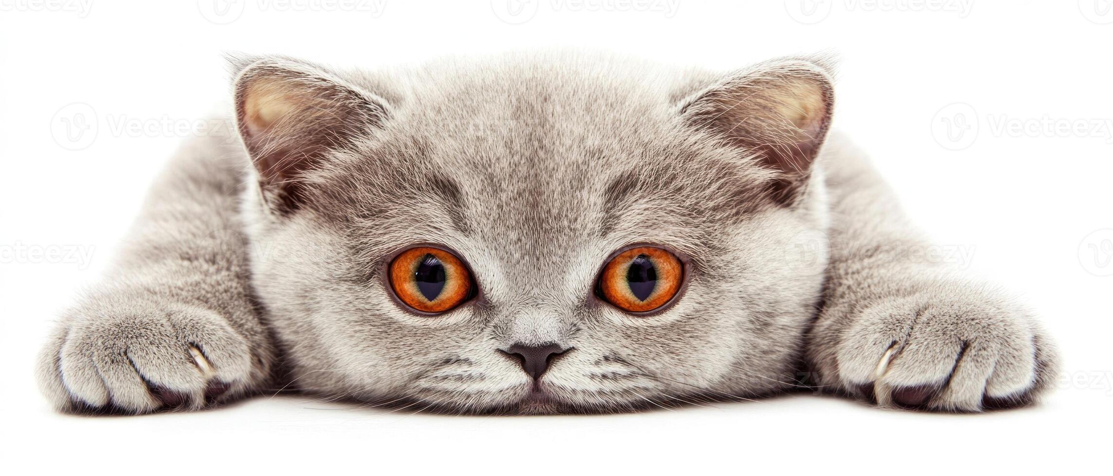 A gray kitten lies down with a curious gaze, displaying its bright orange eyes and soft fur while resting comfortably photo