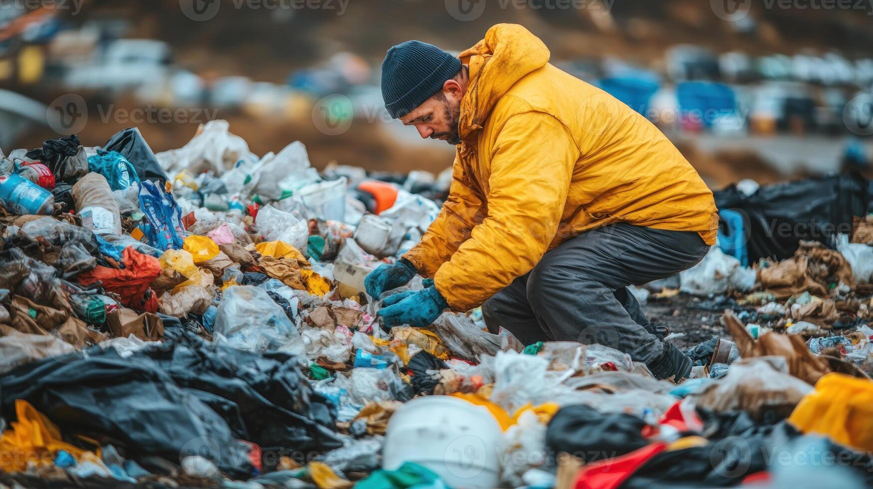 A person wearing a yellow jacket kneels among heaps of trash, sorting through waste for recycling and cleanup photo