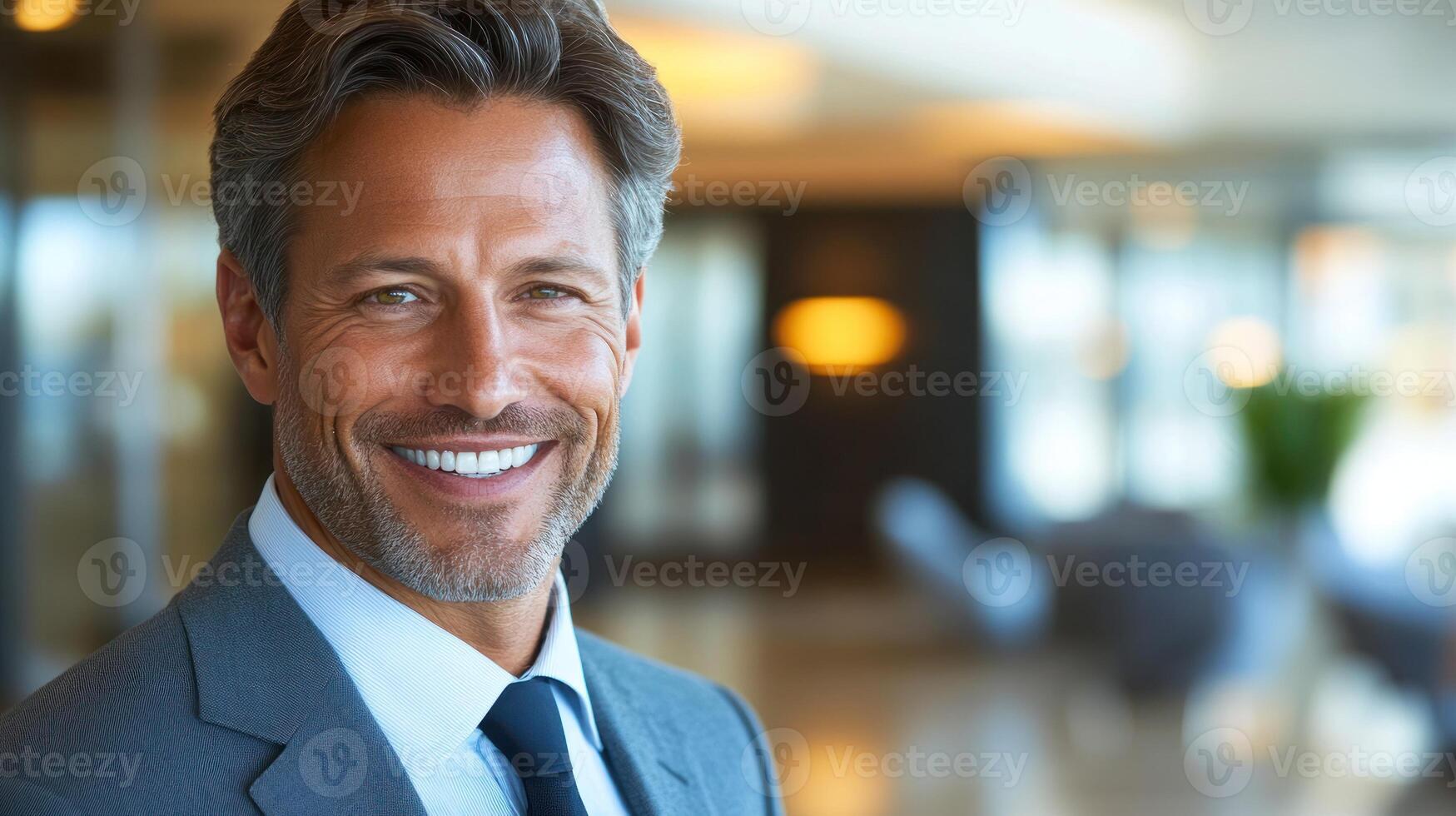 A man dressed in a suit smiles warmly while standing in a bright, contemporary office environment photo