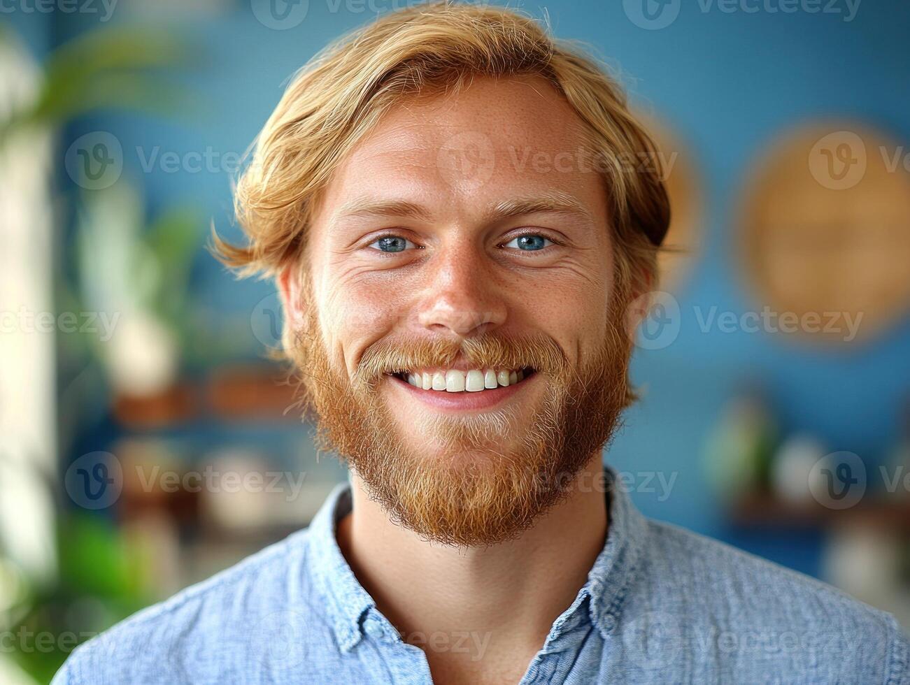 A man with a bright smile stands indoors, surrounded by greenery and a calming blue backdrop in daylight photo