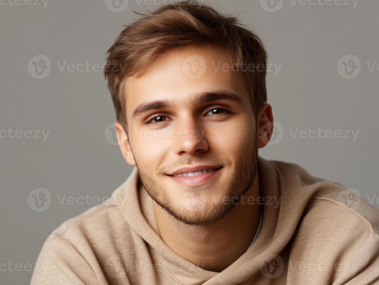 A young man with a warm smile, wearing a beige hoodie, poses against a simple background in a relaxed indoor setting photo