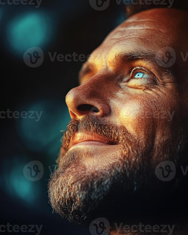 A man enjoys a moment of contemplation as sunlight highlights his features in a serene outdoor setting photo