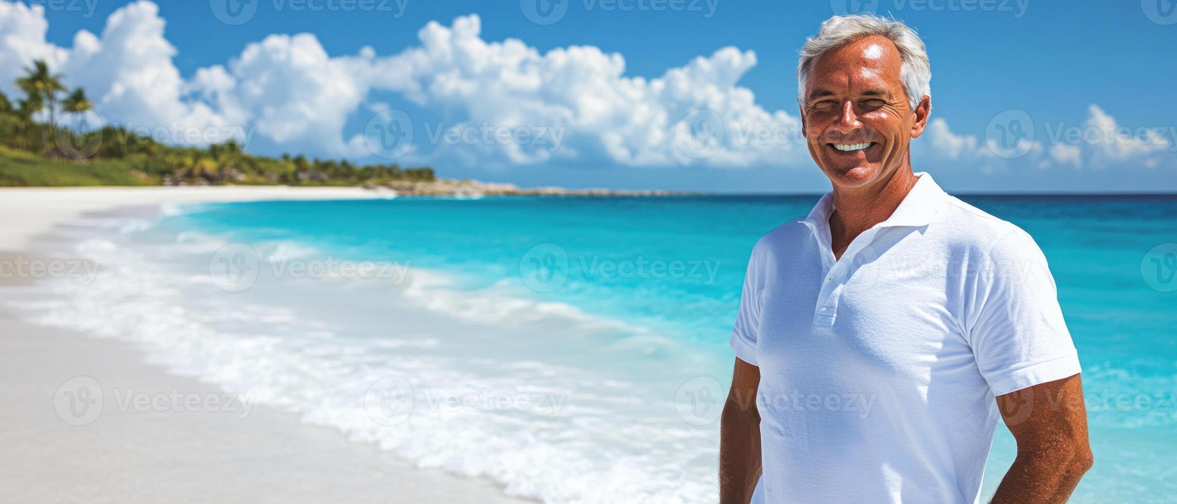 A relaxed man enjoys a sunny day on a serene beach with clear blue waters and soft white sand photo