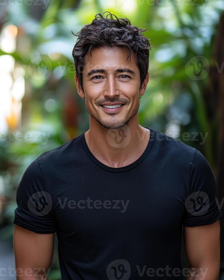 The young man beams with a friendly smile, surrounded by vibrant plants in a calm environment photo