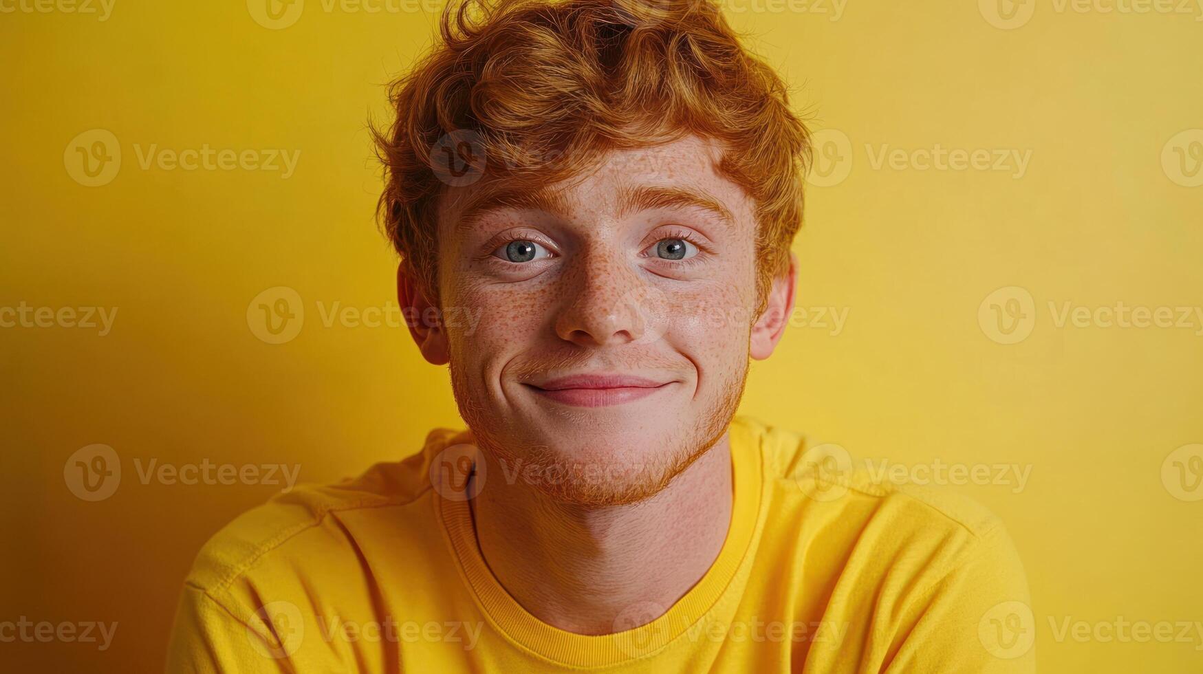 A cheerful young man exudes positivity with a smile, standing in front of a vibrant yellow wall photo