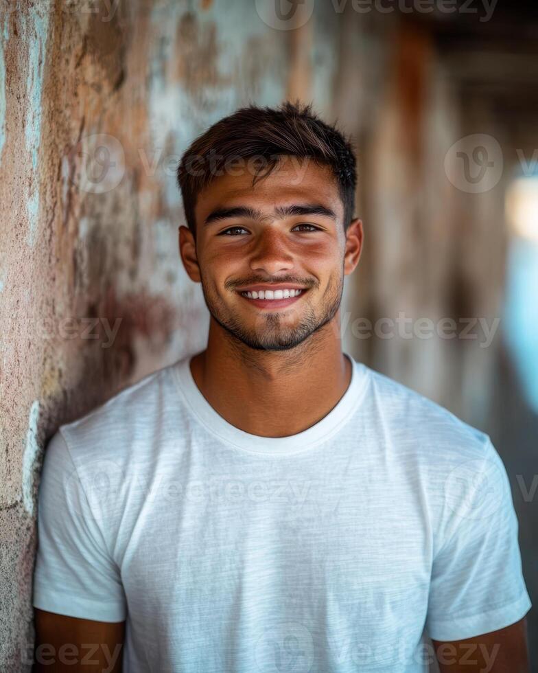 A young man with a bright smile leans against a weathered wall, enjoying a moment of relaxation in the sunlight photo