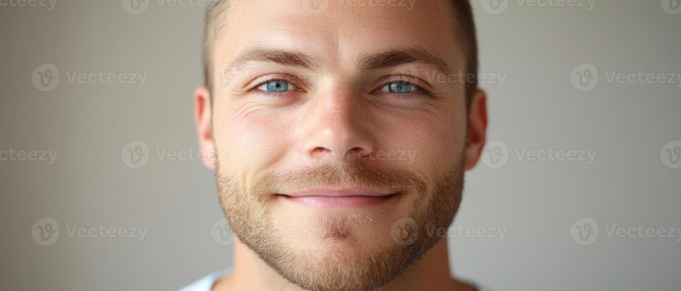 A man smiles gently, showcasing his blue eyes and light beard in a well-lit indoor setting photo