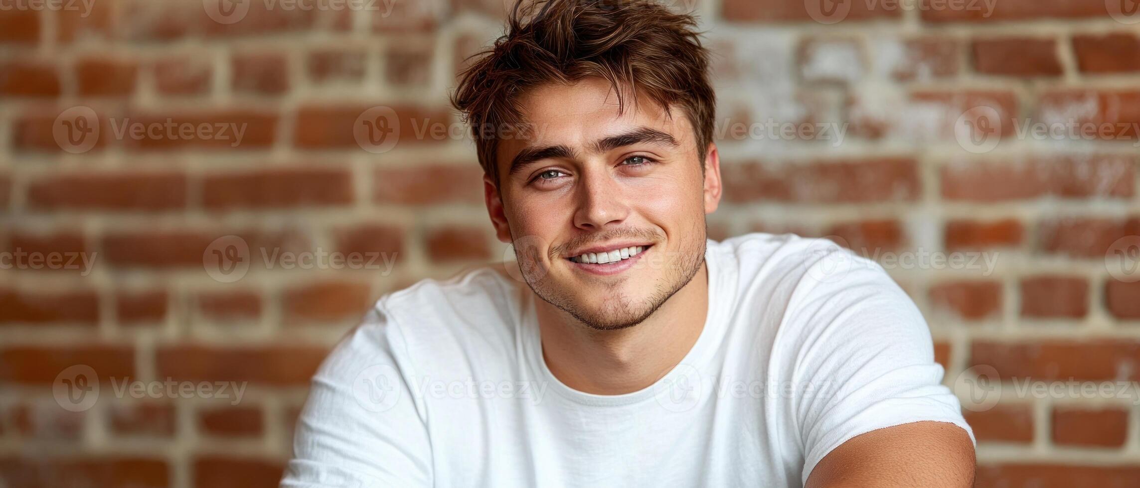 A cheerful young man with tousled hair enjoys a moment of relaxation in a cozy indoor space photo