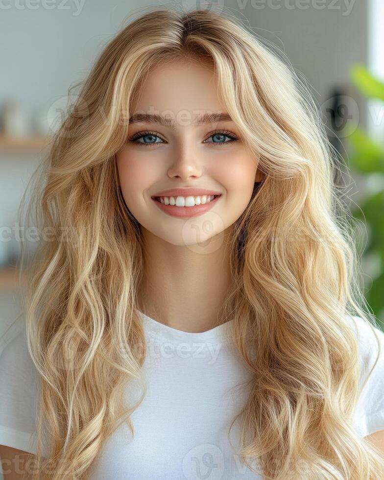 A cheerful woman with long blonde hair smiles warmly in a bright, sunlit indoor space photo