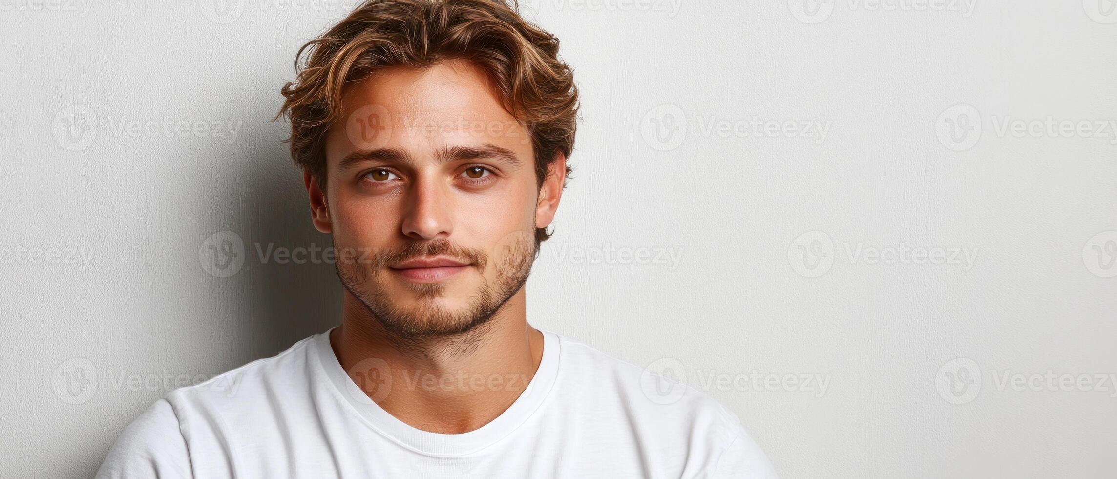 A young man with wavy hair smiles confidently while wearing a plain t-shirt, against a neutral backdrop photo