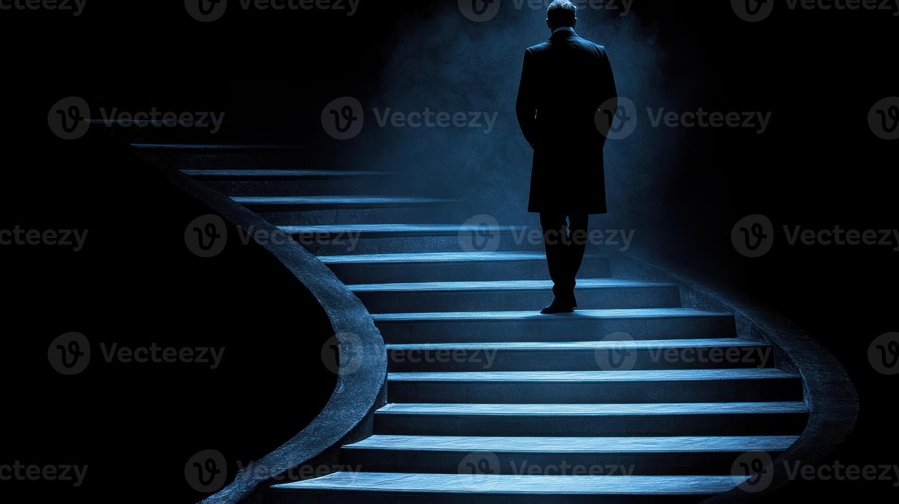 A lone person climbs brightly lit stairs, disappearing into a dark and enigmatic environment photo