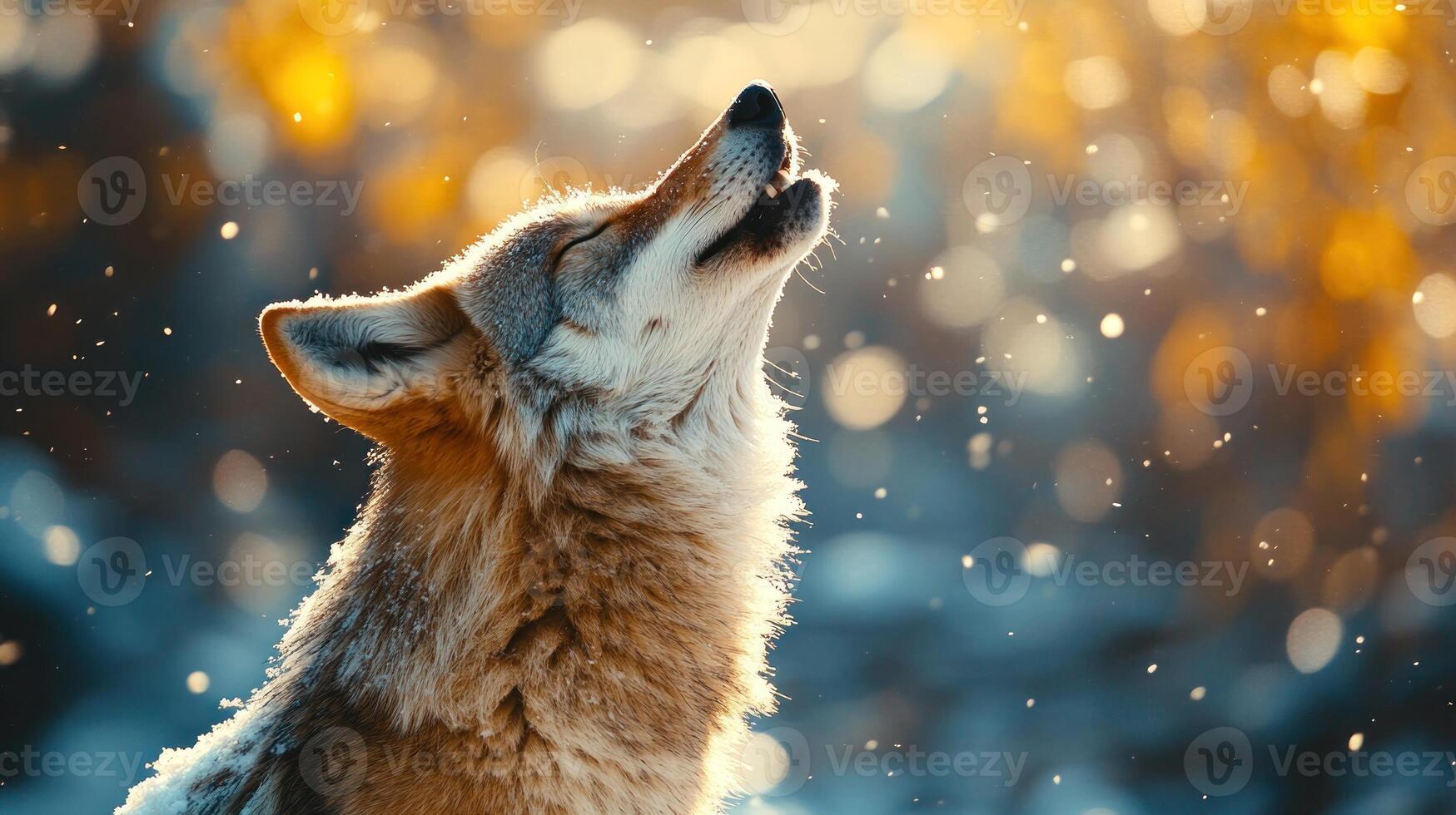 A coyote stands proudly, howling towards the sky while snowflakes gently fall around it during sunset photo
