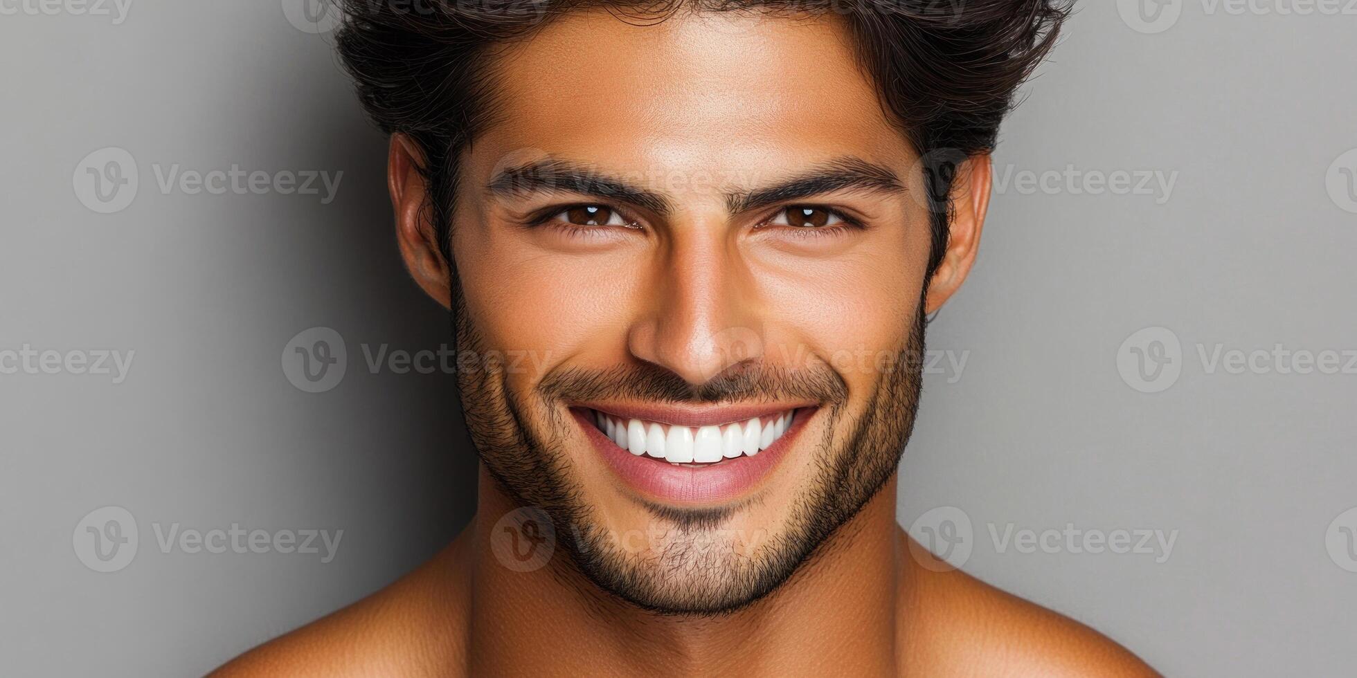 A young man showcases a bright smile while posing confidently against a simple background photo