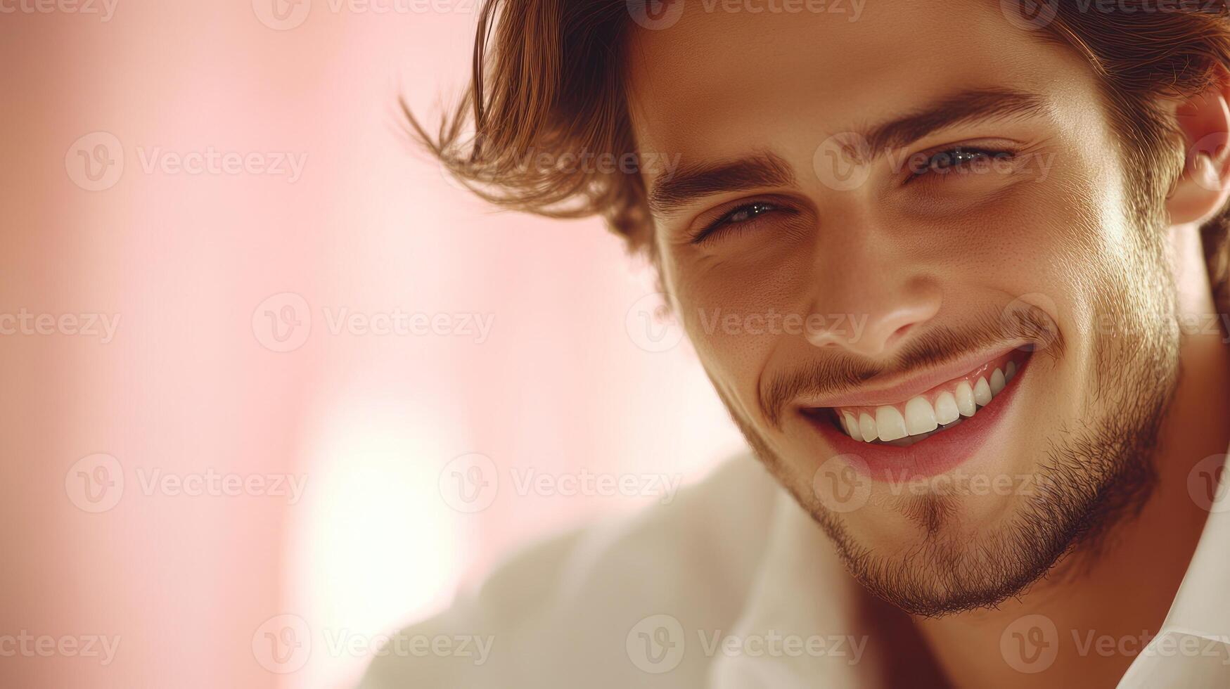 A young man exudes warmth and confidence with a bright smile in a softly lit indoor environment photo