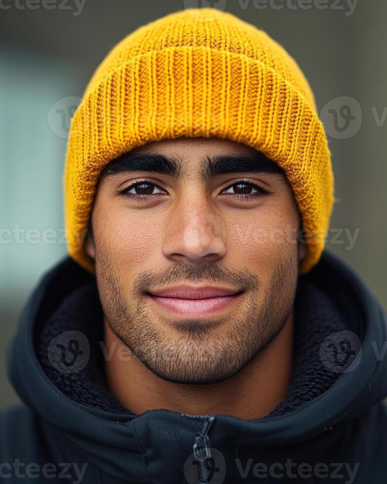 A cheerful young man in a yellow beanie enjoys the outdoors while wearing a warm jacket, radiating positivity photo