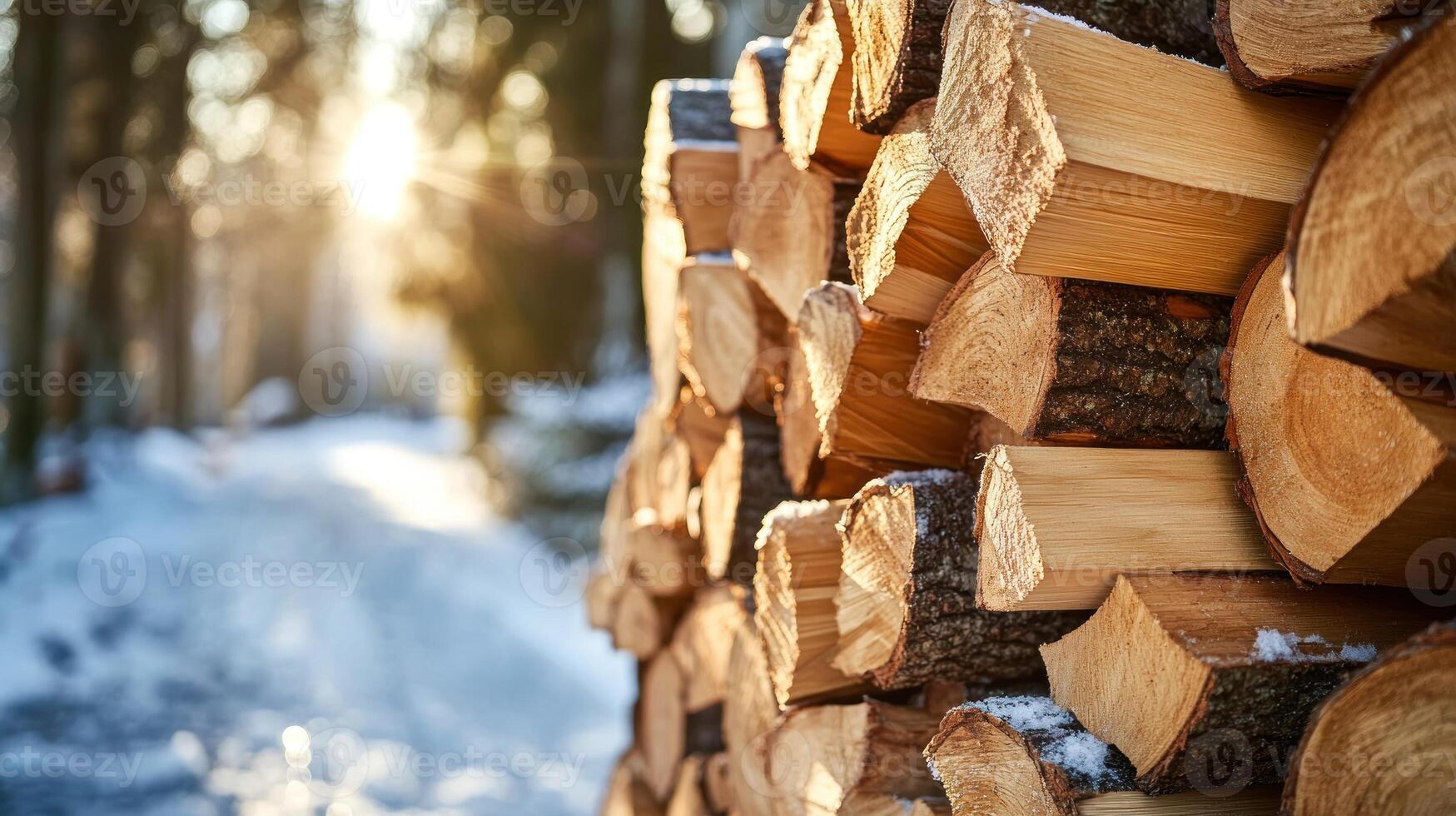 Firewood stacked neatly on the ground, surrounded by snow and trees, as sunlight filters through the forest photo