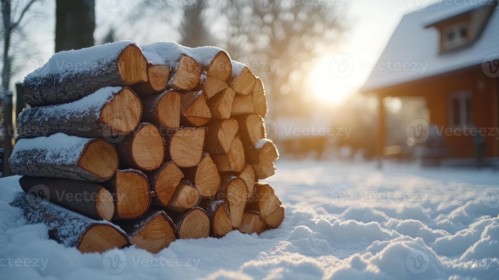 A stack of firewood rests on the snow while the sun sets behind a rustic cabin in winter photo